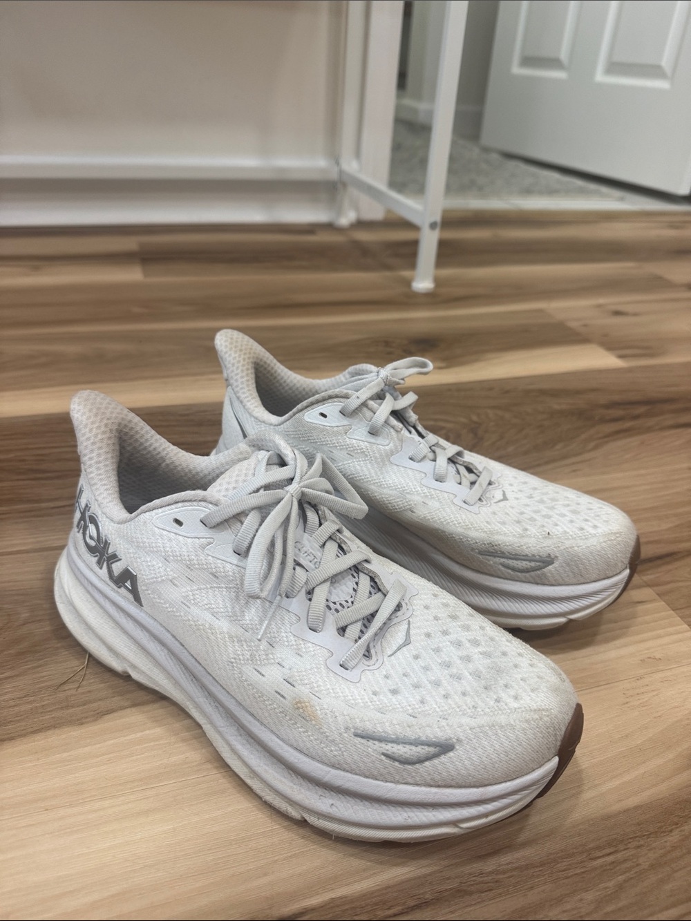 Hoka White and Light Gray Performance Running Shoes